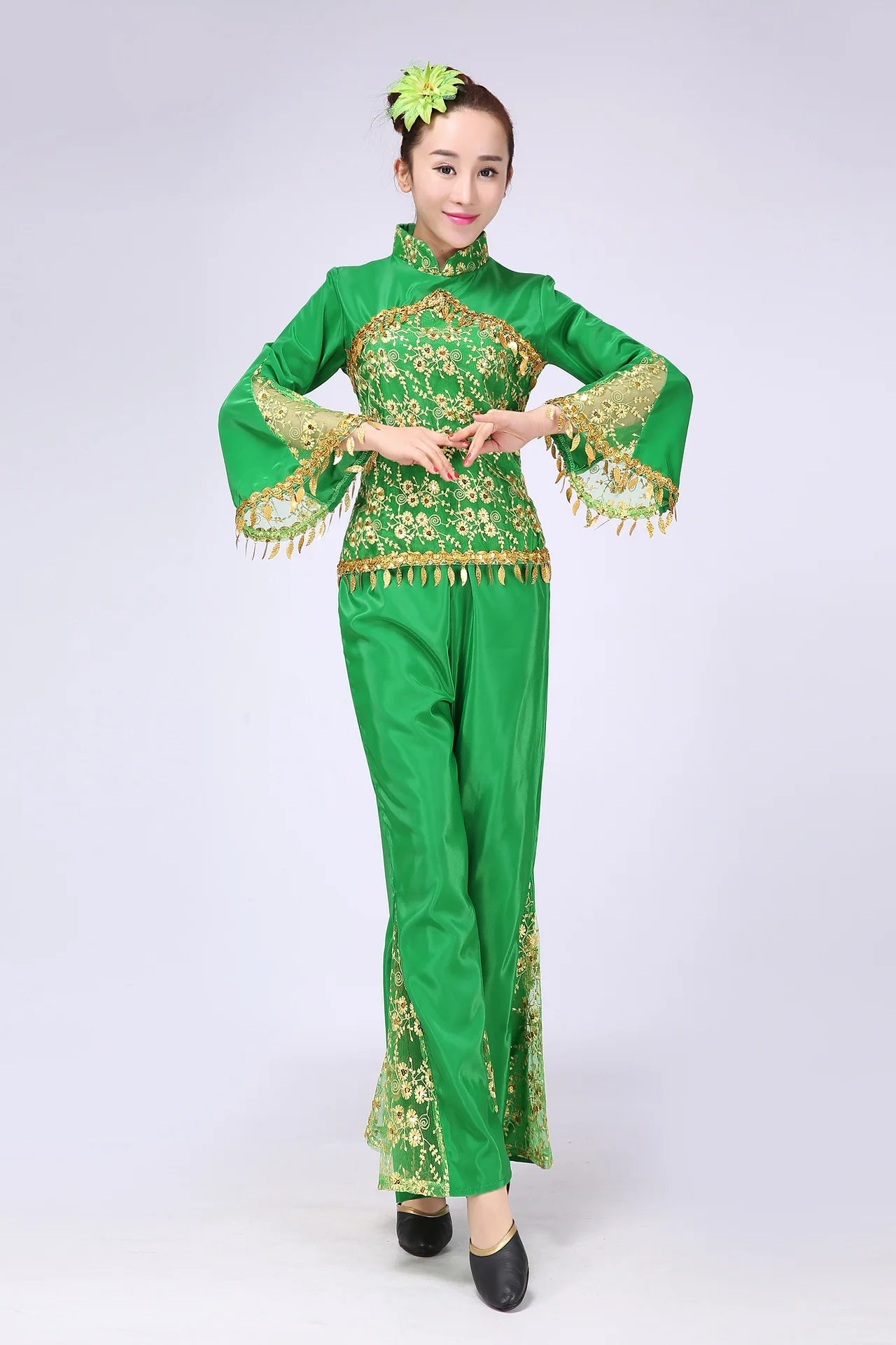 

Chinese Yangko Dance Costumes Women Traditional Stage Dance Clothing Female Red Green National Fan Costume Dancer Wear