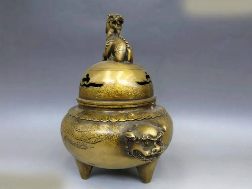 Китай латунь медь резные сосна Foo Собаки Лев курильница Статуя (D0426) SDSD22 | Дом и сад