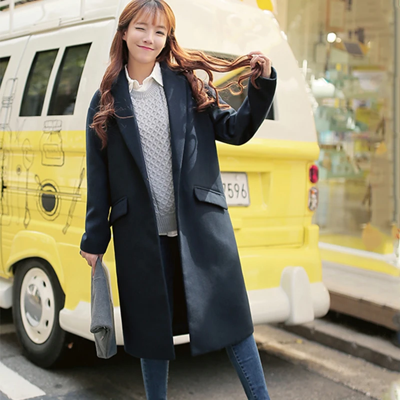 

2019 Korean version student Woolen long coat Female Solid color Long sleeve Double pocket Thick coat Female cc224