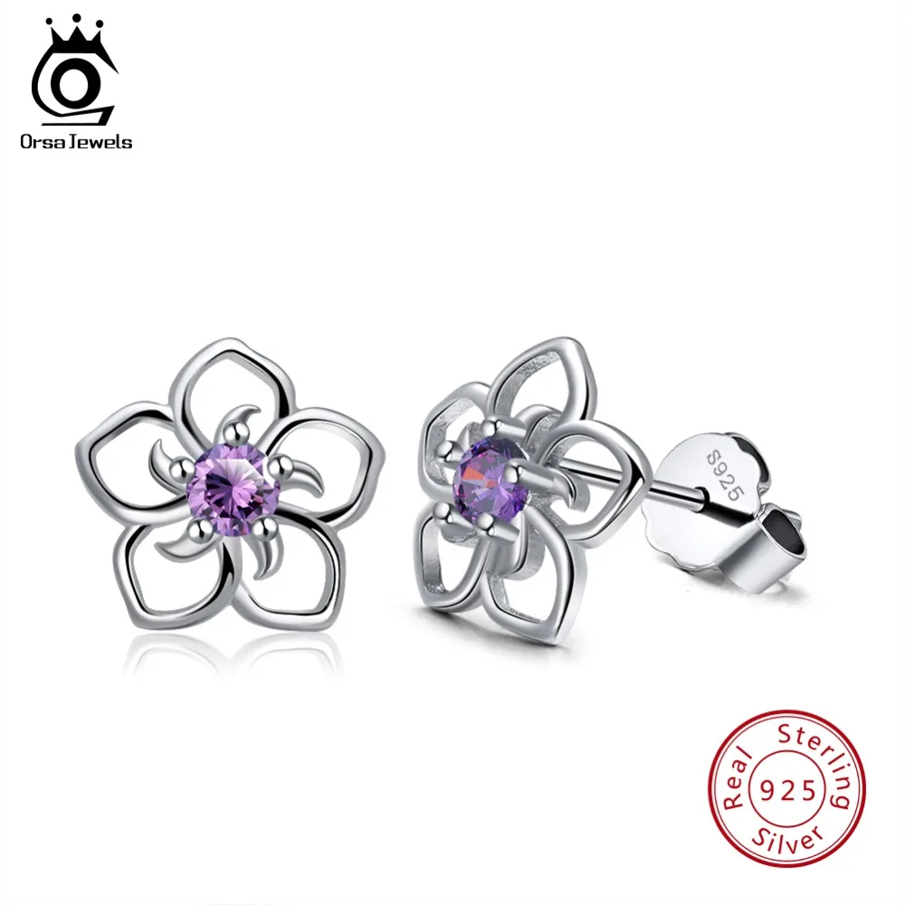 ORSA JEWELS, однотонные 925 пробы, серебряные ювелирные наборы, выдолбленный цветочный дизайн с фиолетовым AAA CZ, вечерние ожерелья, серьги, SS22-P
