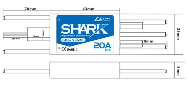 ZTW Shark 20A BEC водонепроницаемый бесщеточный ESC для лодки с системой водяного