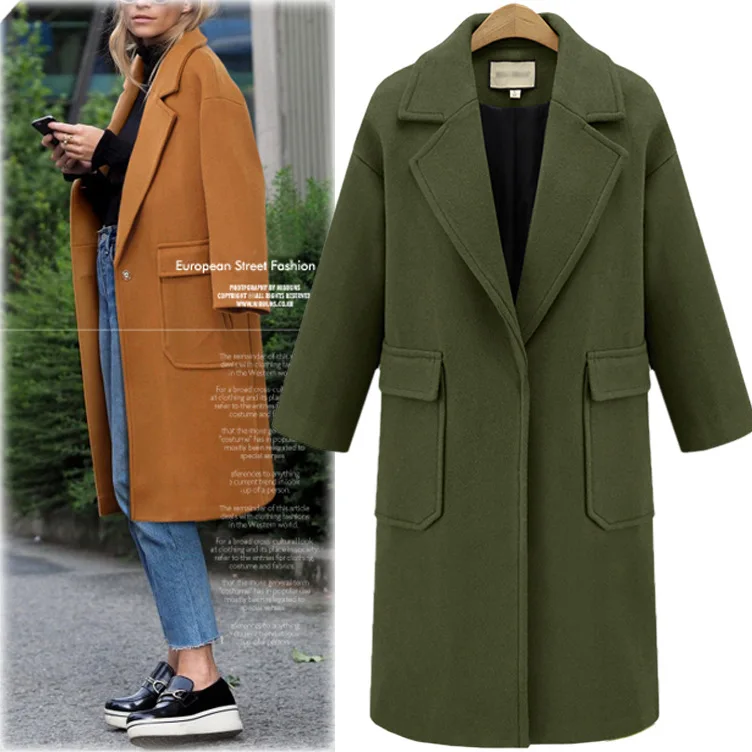 Зимнее новое женское длинное шерстяное пальто большого размера с отворотом