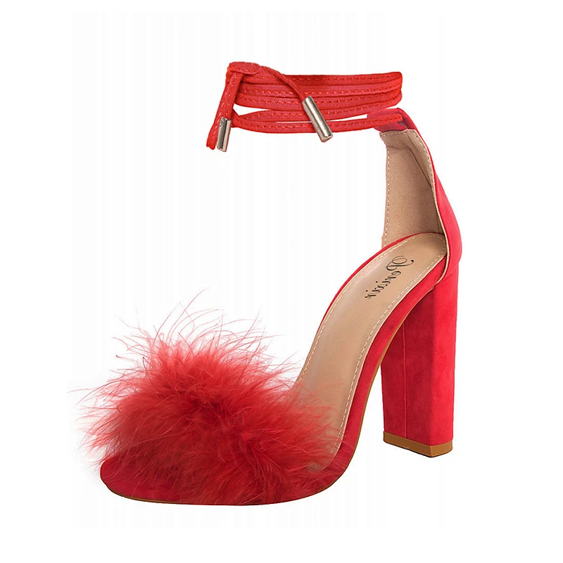 Perixir Women Shoes Thick High Heels Ankle Strap Rabbit's Hair Dress Black Red Woman Summer Sandals 2020 Size 35-41 | Обувь