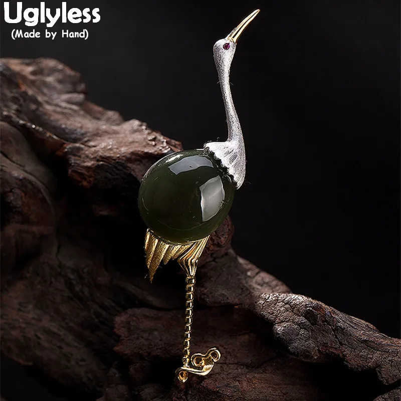 Женская Брошь с зеленым нефритом и фламинго в форме кранов ручной работы