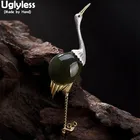 Женская Брошь с зеленым нефритом и фламинго, в форме кранов, ручной работы, Ювелирное Украшение двойного назначения