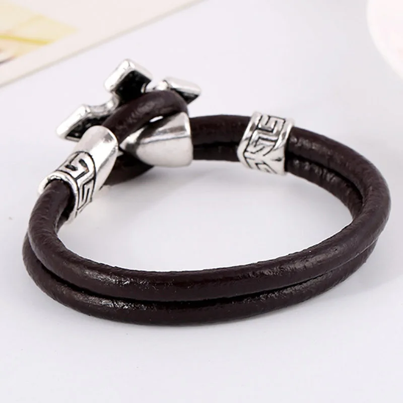 Vintage Мужские Двойные Кожаные Браслеты Готический Крест Манжеты Браслет