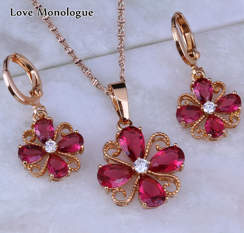Женский ювелирный комплект из колье серёг и кольца с красным кристаллом|jewelry sets|set