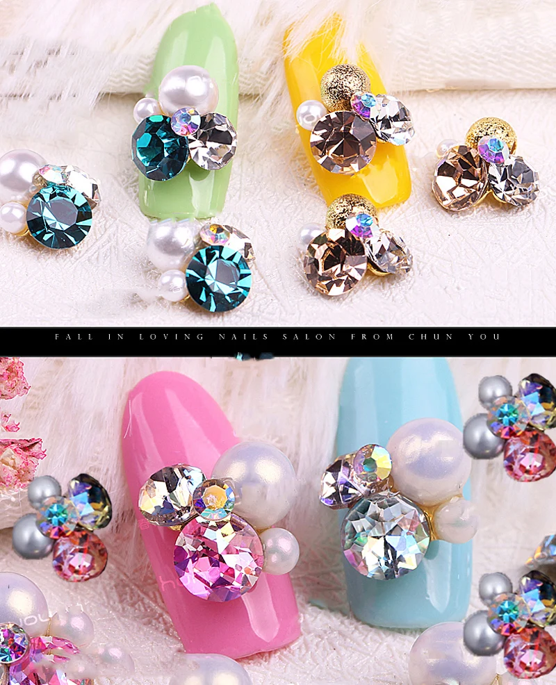 100pcs Japanese CRYSTAL nailS pearls Jewelry Decorations 3D Luxury alloy rhinestones DIY Nails Alloy Charms supplies JE206~221 | Красота и