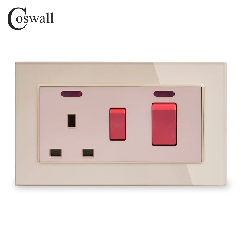 Фото Настенный переключатель COSWALL 45A DP + розетка стандарта Великобритании 13A BS с неоновым закаленным стеклом 3x6 размеров, черная панель из закален... №3