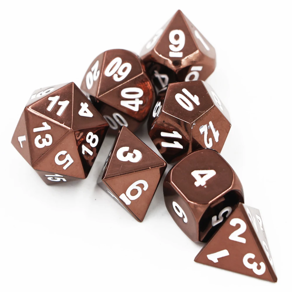 

Новые 7 шт./компл. классические игральные кости D & D металлические игральные кости игра DND набор электрофорез оранжевый D4 D6 D8 D10 D12 D20 многогран...