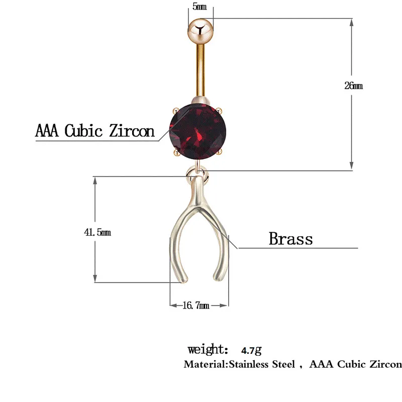 Kinitial Wish Bone Pendant Navel Ring Gold Silver Plated Punk Collier Red Zircon Belly Piercing Jewelry For Women Sexy |