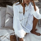 Женское кружевное платье с отложным воротником, белое пляжное свободное платье-накидка с длинным рукавом, лето 2019
