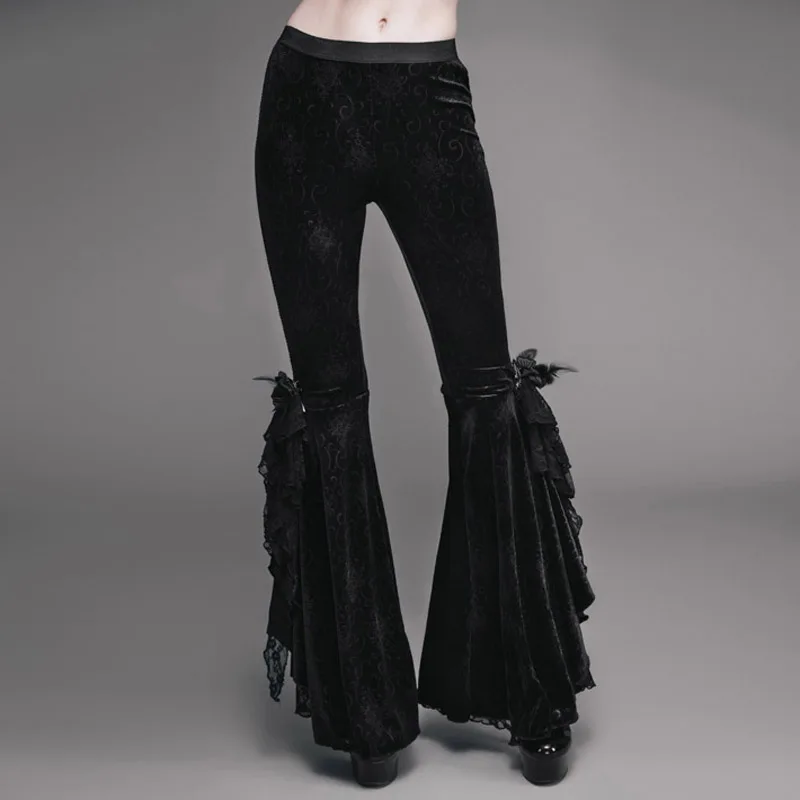 EVA LADY Gothic Dark Embroidery Velour Flare Pants Steampunk Stage Performance Women Trousers with Rose Lace Decorated | Женская одежда