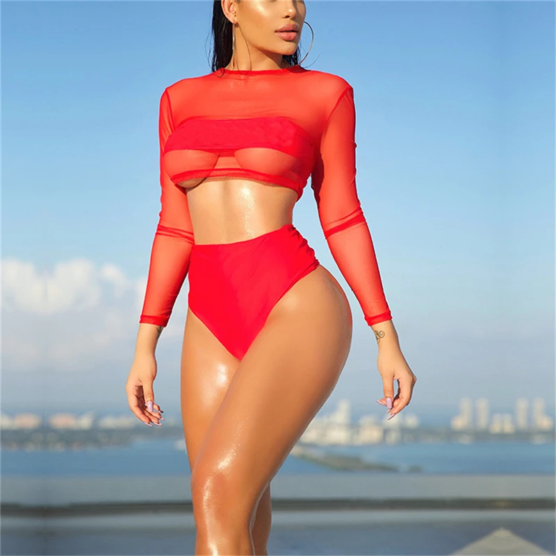 2019 Для женщин набор Сетчатое бикини с длинным рукавом накидка шить бюстгальтер