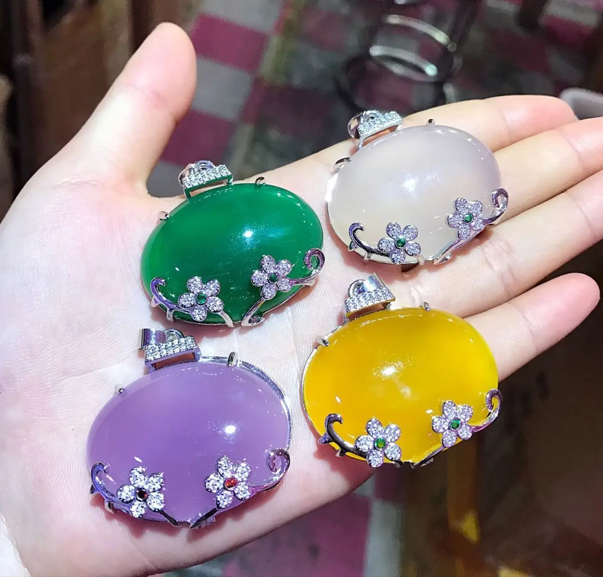 Pure Natural Ice Green Chalcedony 925 Sterling Silver Inlay Flowers Agate Pendant Necklace Sweater Chain Jewelry Gift Wholesale | Украшения