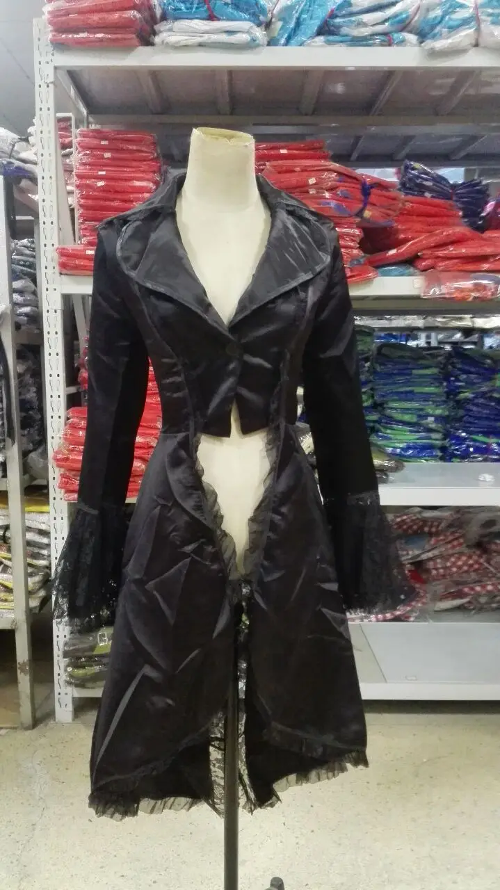 Women Lace Trim Lace-up High Low Coat Black Steampunk Victorian Style Gothic Jacket Medieval Noble Court Dress S-3XL