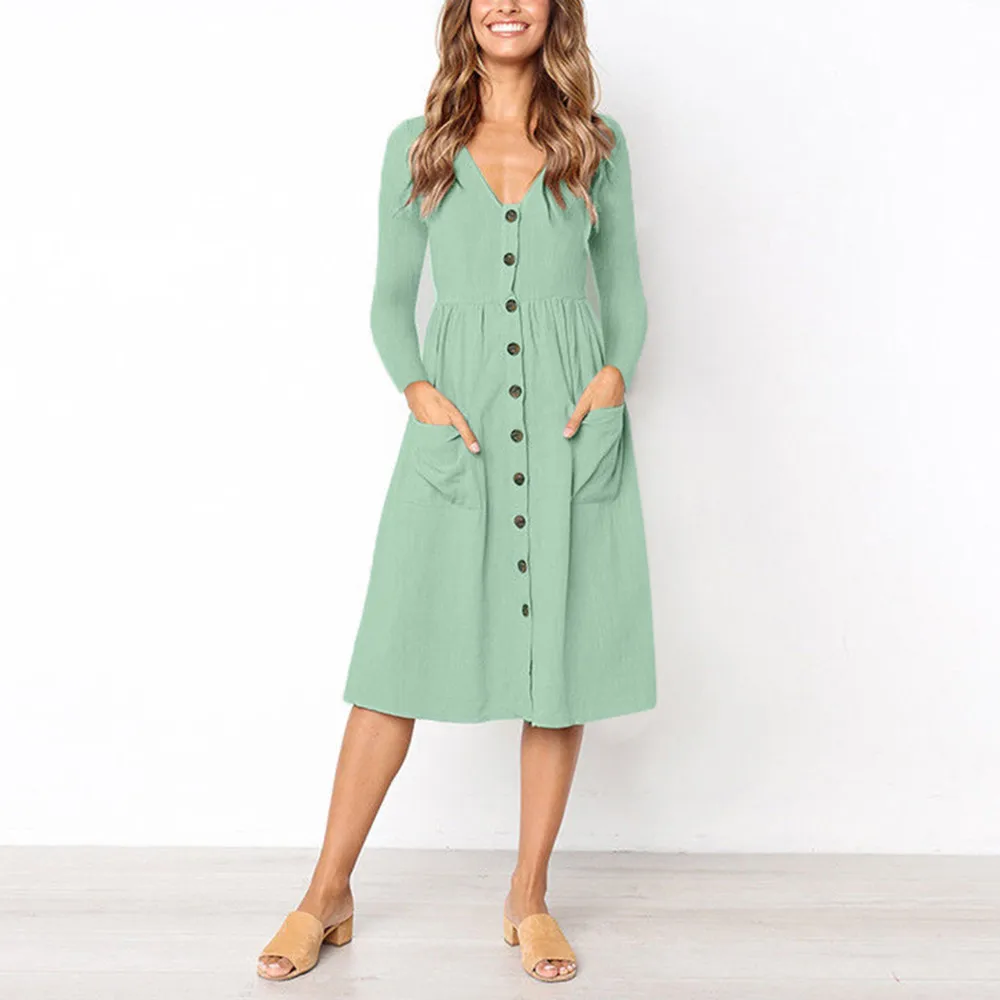 Женское платье-миди с длинным рукавом V-образным вырезом и пуговицами | Женская