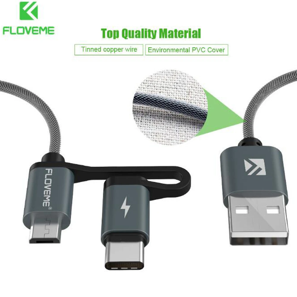 FLOVEME 2 в 1 быстрая зарядка Micro USB/type C кабель для синхронизации данных для samsung huawei двухсторонняя передача данных зарядное устройство провод 1 м
