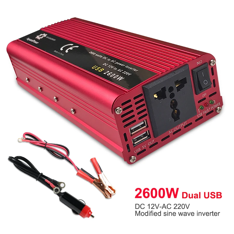 

Dual USB 2600W Watt DC 12V to AC 220V Portable Car Power Inverter Charger Converter Adapter DC 12 to AC 220 Modified Sine Wave