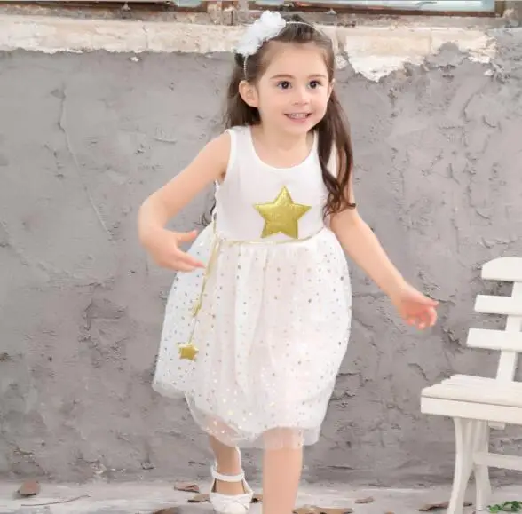Summer shining gold silver pentacle star lacing mesh sleeveless vest baby girls princess chiffon dress kid children | Детская одежда и