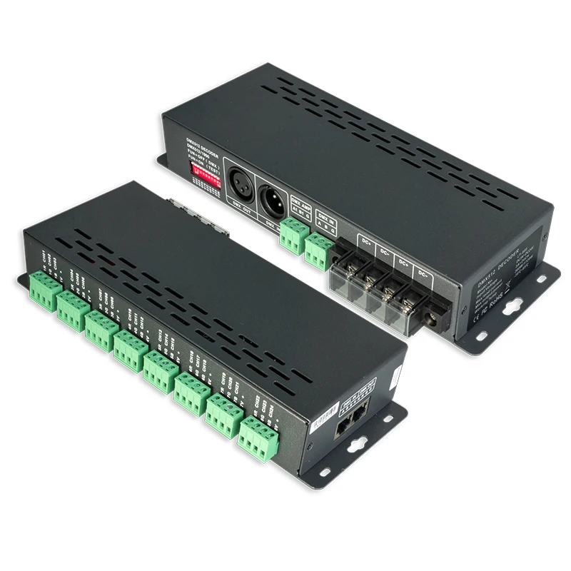 

Новый светодиодный DMX декодер 24 канала DMX-PWM контроллер DC5V 12V 24V Вход; 3A * 24CH Max 48A 1728W Выход XLR-3/RJ45 Зеленый терминал