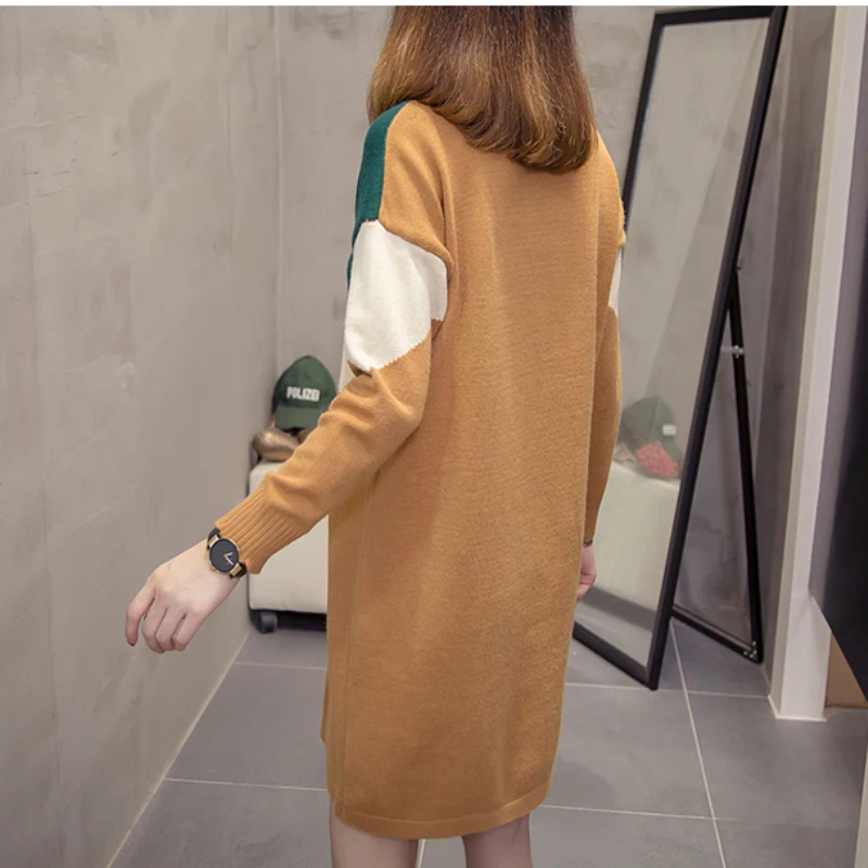 

Maternity Nursing Dress Knitted Breastfeeding Sweater Dresses Color Contrast Long Pullovers for Pregnant Women Pregnancy Clothes