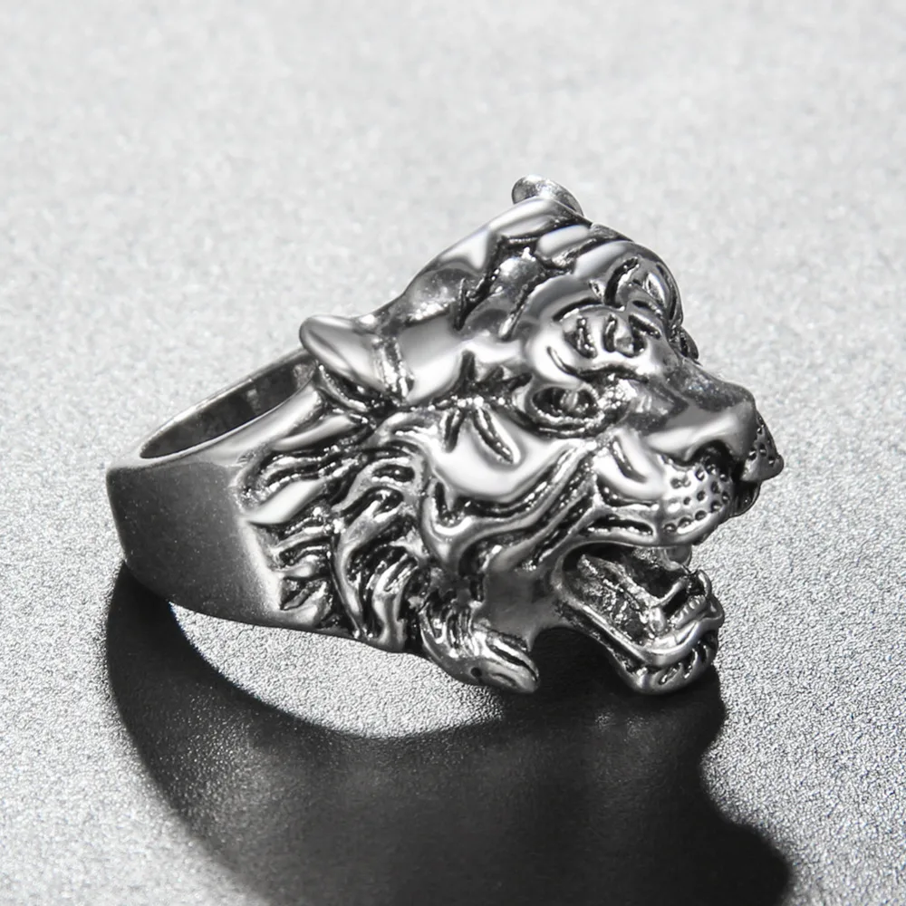 Men's Ring Biker Finger Rings European Gothic Punk Retro Style Animal Tiger Head Antique silver Color Statement For Men | Украшения и