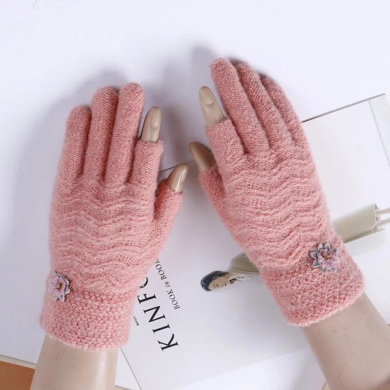 Pink Женские модные перчатки с открытым указательным пальцем, вязаные перчатки для сенсорного экрана телефона, зимние женские кашемировые теплые перчатки с цветами на весь палец, A49 - Цвет: Pink