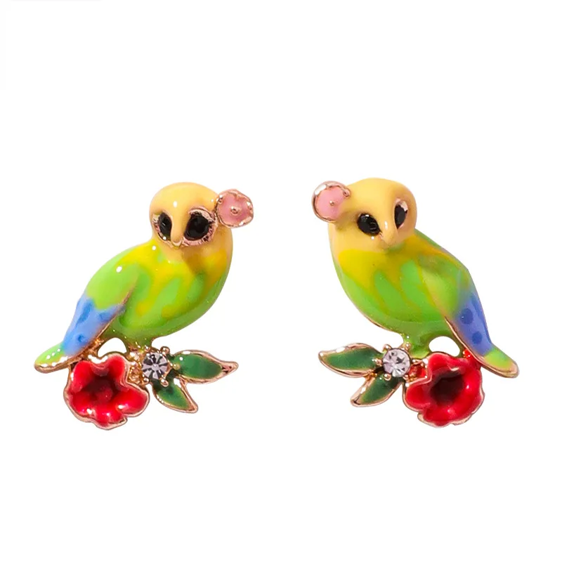 Милые серьги-гвоздики из стерлингового серебра 925 пробы с эмалью цветком птицей и