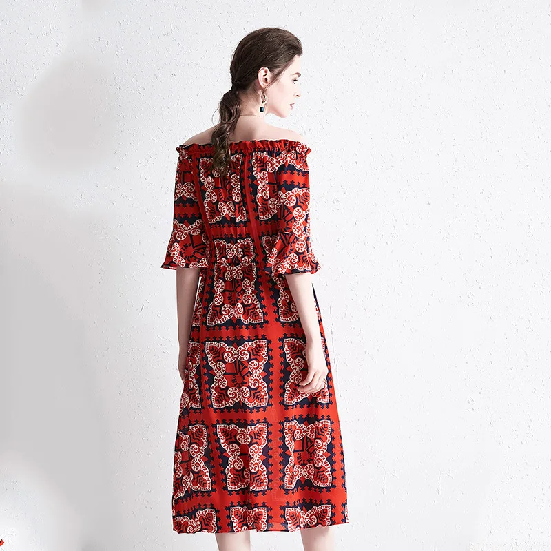 Женское шелковое платье с принтом PIXY летнее красное средней длины расклешенными