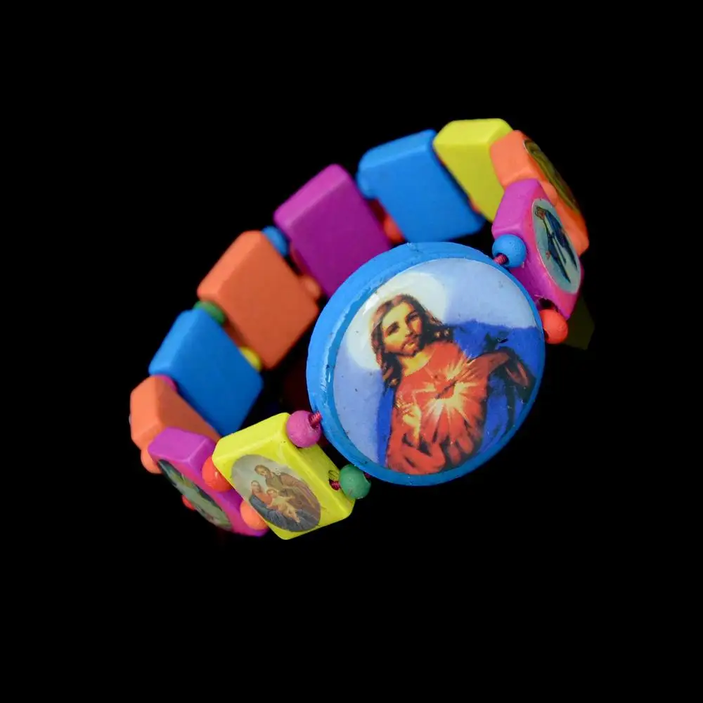Кристиан Красочные Прямоугольник Бисера Упругие Браслеты Вуди Четки Иисус
