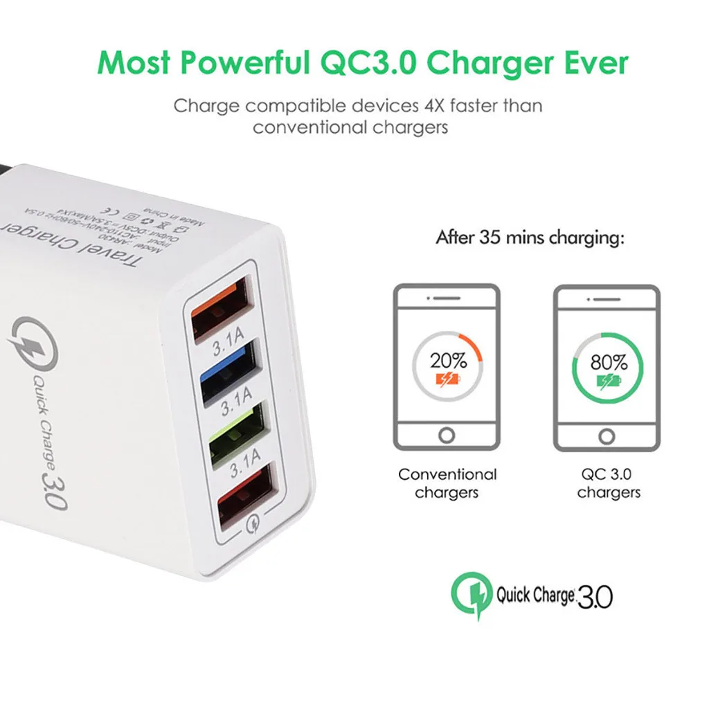 Phone Socket Adapter EU Plug Wall Charger 5V 3.5A Fast Charging 4 Port Quick Charge QC 3.0 USB Hub EUPlug | Мобильные телефоны и