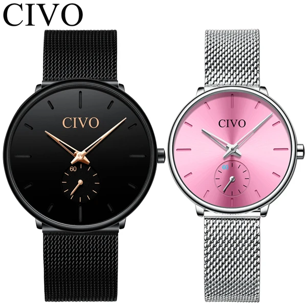 mesh pink CIVO 2 шт Мужской комплект часов лучший бренд класса люкс Женские кварцевые часы водонепроницаемые Weistwatch модные повседневные Пара часы Reloj Mujer - Цвет: mesh pink