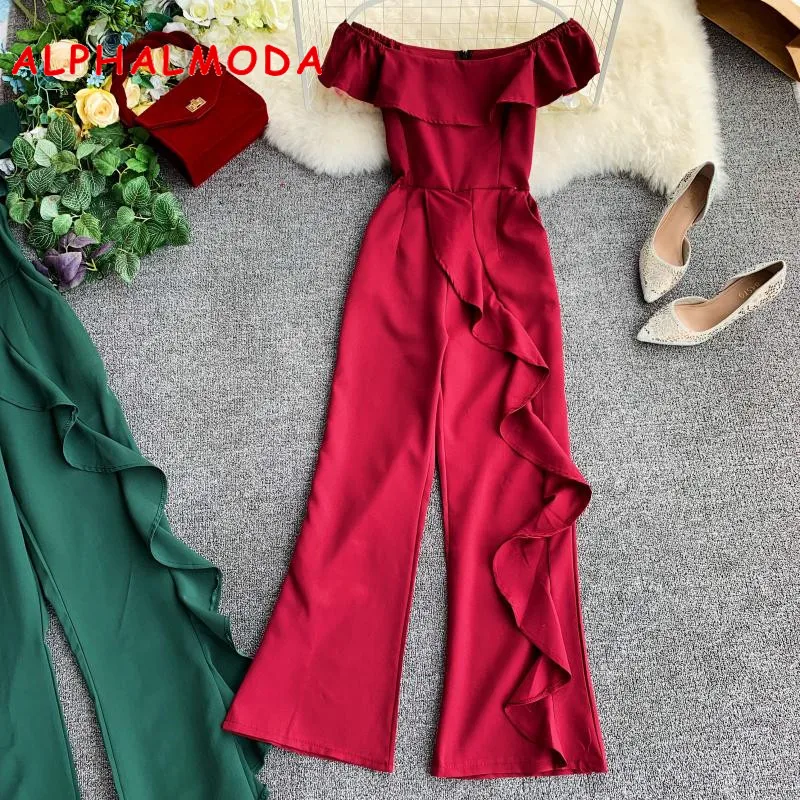 ALPHALMODA весенний женский Модный комбинезон с оборками и вырезом лодочкой, женские комбинезоны с высокой талией и широкими штанинами