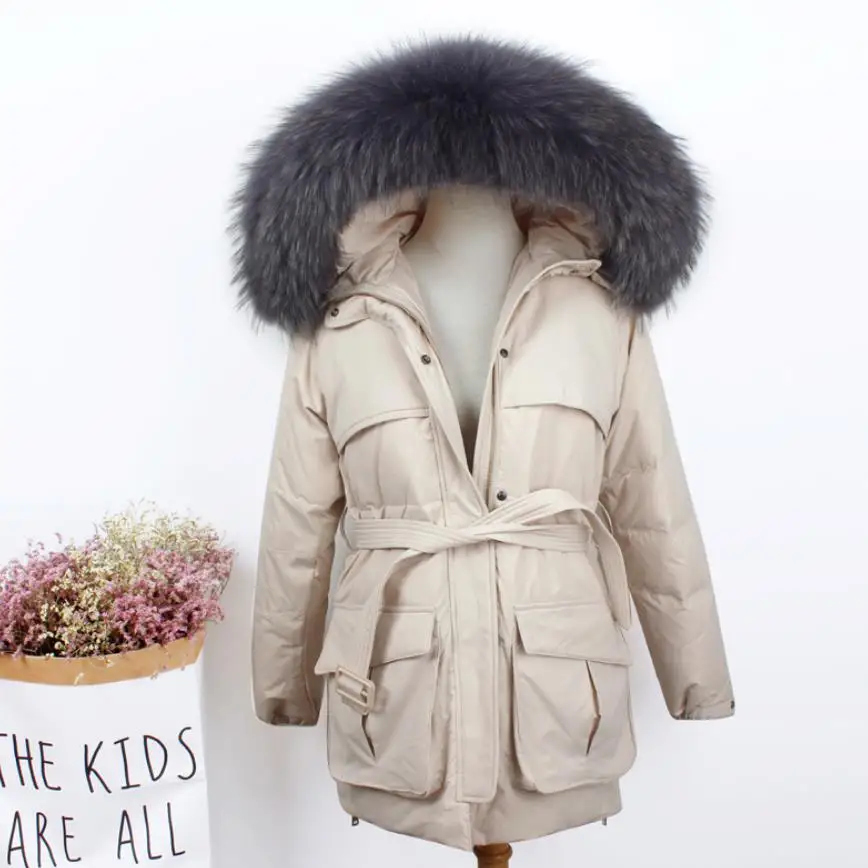 beige with gray fur S-XL, плюс размер, Новое поступление, большой натуральный меховой воротник, с капюшоном, белый утиный пух, пальто для женщин, зима, большой карман, толстый, длинный, теплый пуховик - Цвет: beige with gray fur
