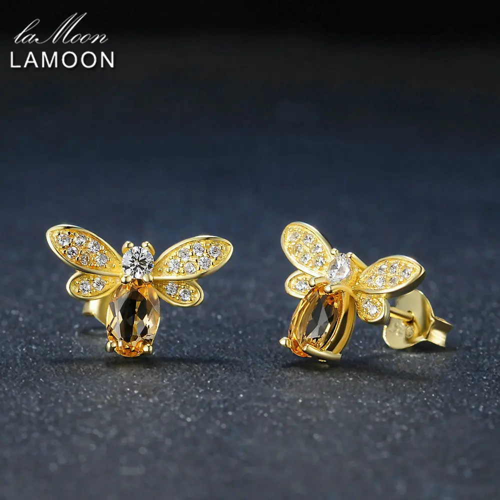 LAMOON пчела 5x7 мм 1ct натуральный цитрин 925 пробы серебро-бижутерия серьги-гвоздики в форме S925 LMEI041