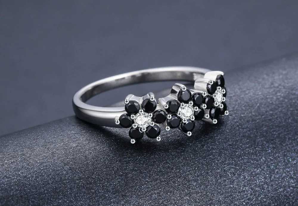 [Черный ость] Винтаж 2,1g 925 пробы Серебряные Ювелирные Изделия Bague цветок черной шпинели Обручение кольца для Для женщин девушке подарок C464