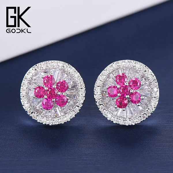 Hot Pink GODKI модные корейские Цветочные серьги-гвоздики для женщин, свадебные кубические циркониевые хрустальные CZ богемные дубайские Свадебные серебряные серьги-гвоздики - Окраска металла: Hot Pink