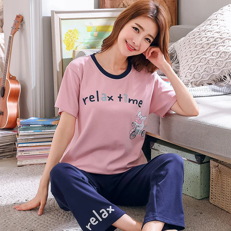 9909 Пижамы с героями мультфильмов; женская пижама; mujer invierno; домашняя одежда; большие размеры; розовая футболка с короткими рукавами и принтом; брюки; 2 шт - Цвет: 9909