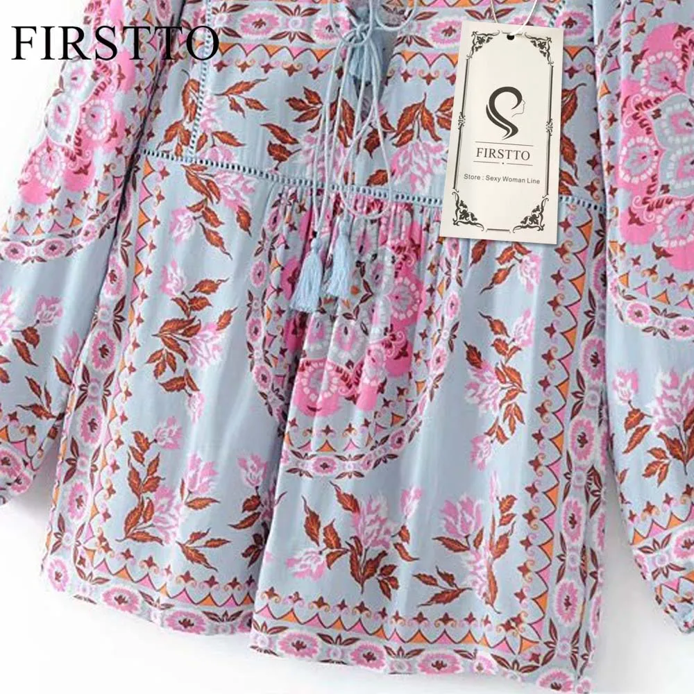 FIRSTTO Этническая цветная Цветочная рубашка с перекрестной шнуровкой