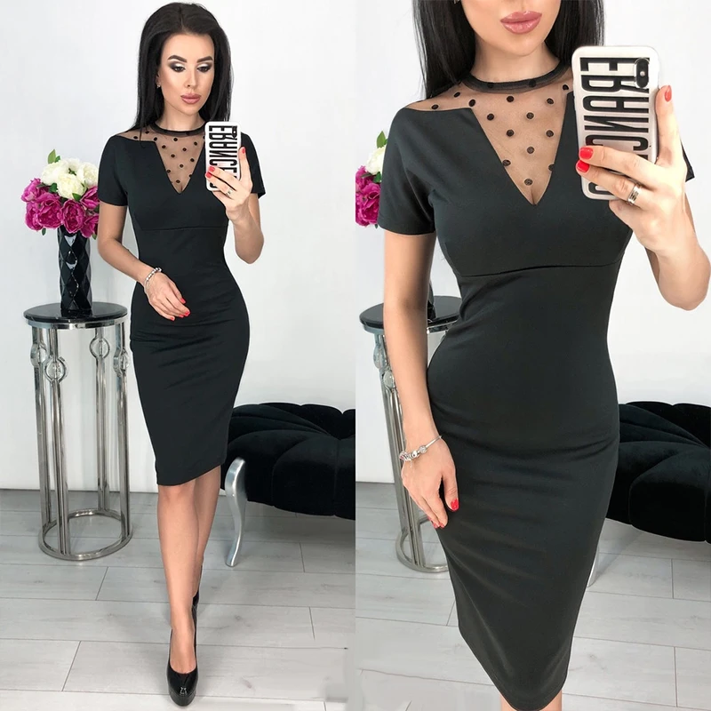 Сетчатое лоскутное облегающее платье новинка 2019 женское летнее Черное Красное