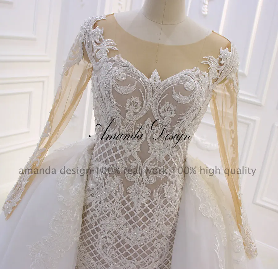 Аманда дизайн vestido de noiva с длинными рукавами Русалка Кружева свадебное платье со съемной юбкой