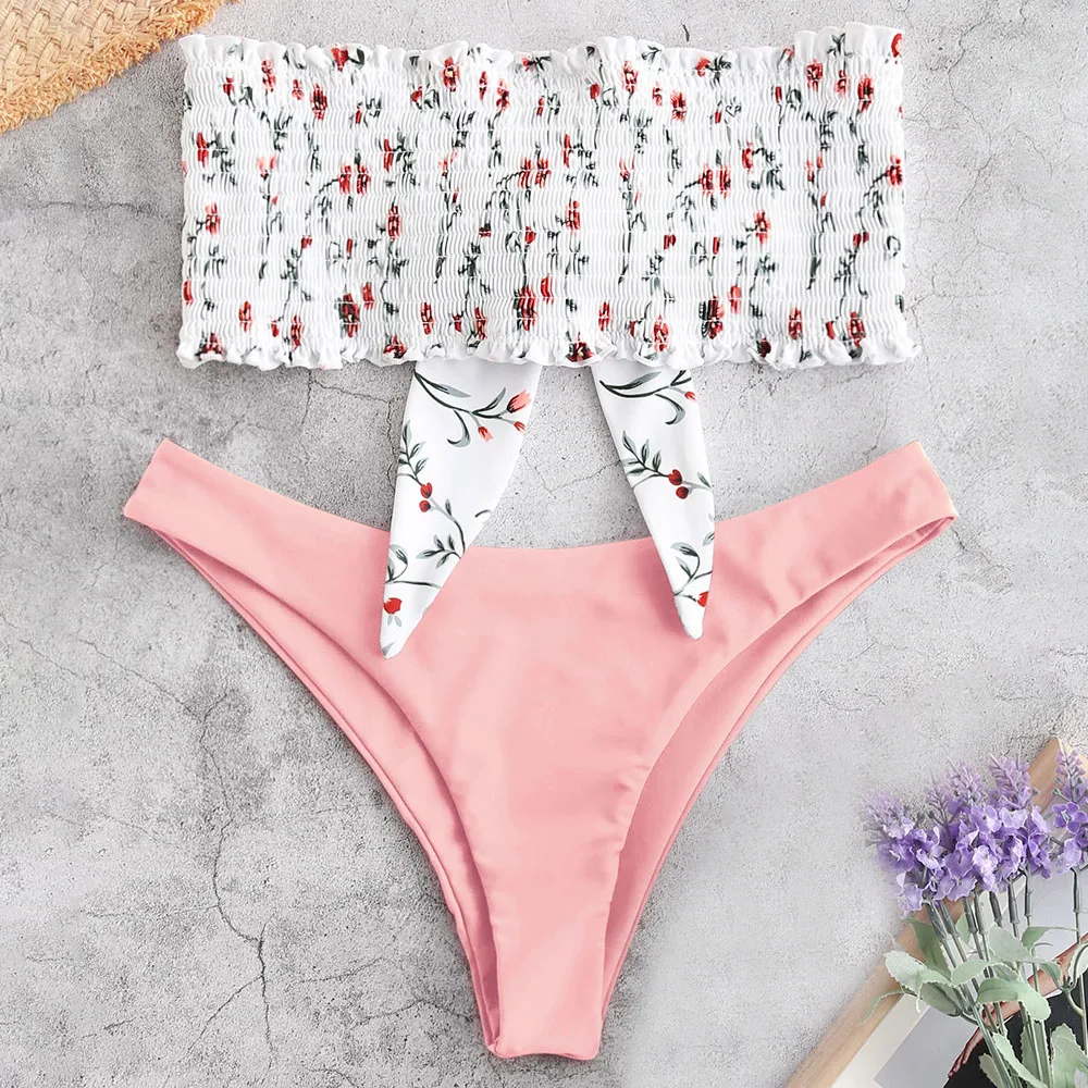 ZAFUL Бикини Растрепанный Растительный Принт Bandeau Bikini Set Женщины Без Бретелек Купальник Без Проводов Эластичный Купальник С Низкой Талией Без Подкладки