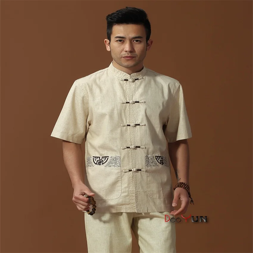 Скидка бежевая Мужская льняная рубашка Топ китайская Новинка Кунг фу Тан костюм