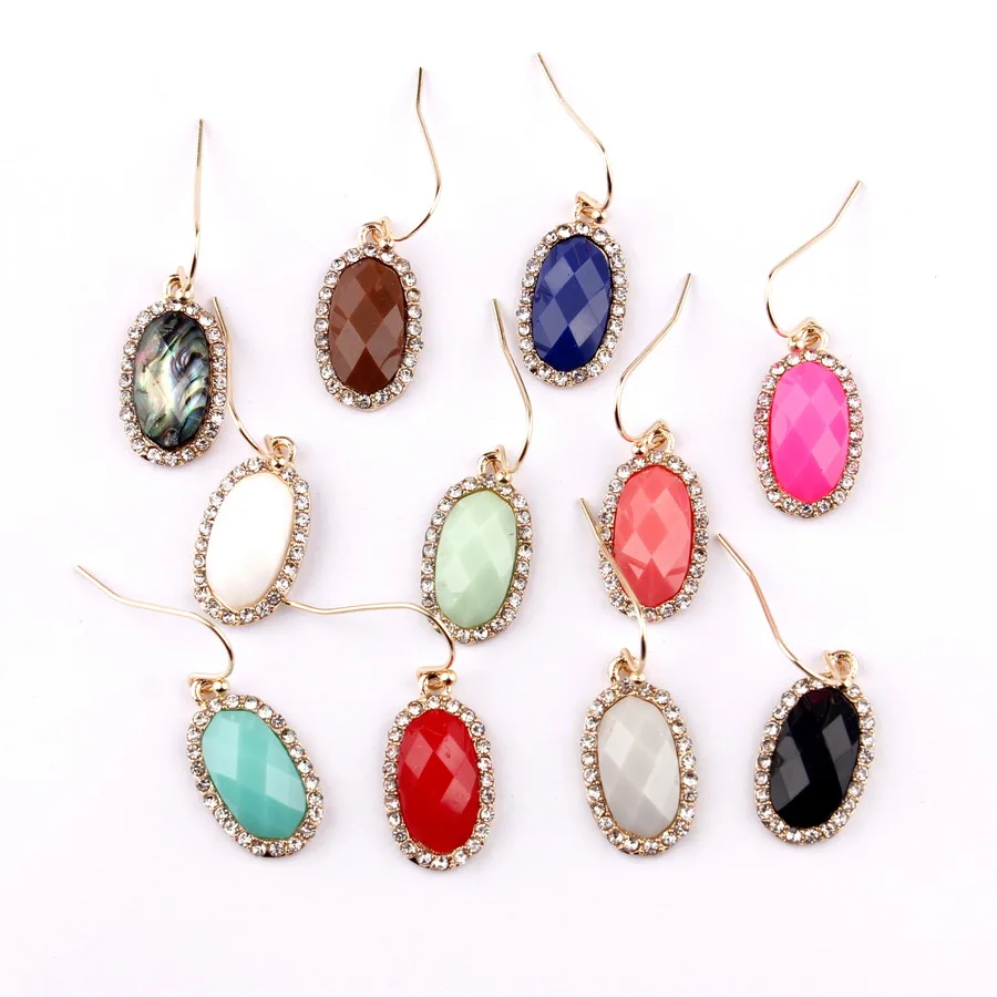 

Tiny Oval Resin Stone Dangle Drop Earrings Pave Crystals Abalone Stone Dangle Drop Earrings Oval KS Jewelry Drop Earrings