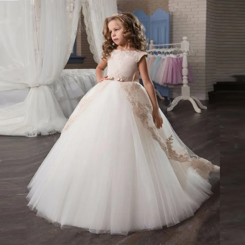 

Cute sweet princess long white ivory custom made tulle flower girl dresses gowns wedding guest dress girl dresses with sleeves