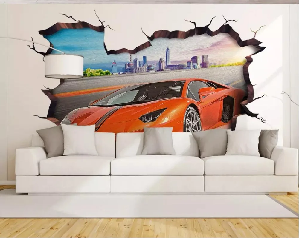 3d фото обои на заказ настенная живопись спортивный автомобиль через стену