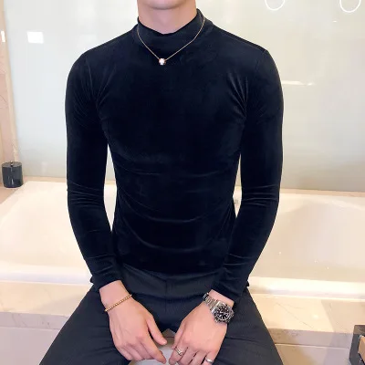 Новинка 2018 Корейская Вельветовая футболка Мужская облегающая модная однотонная