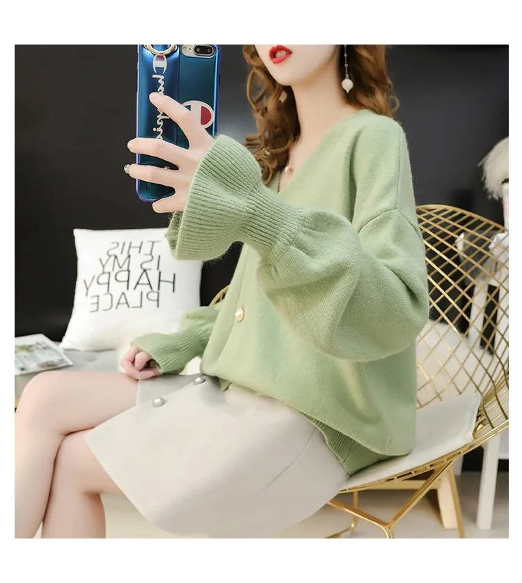 Knit Sweater Women Flare Long Sleeve Korean Sweaters Cardigans Solid Outwear V Neck Autumn Winter Sueter Mujer |