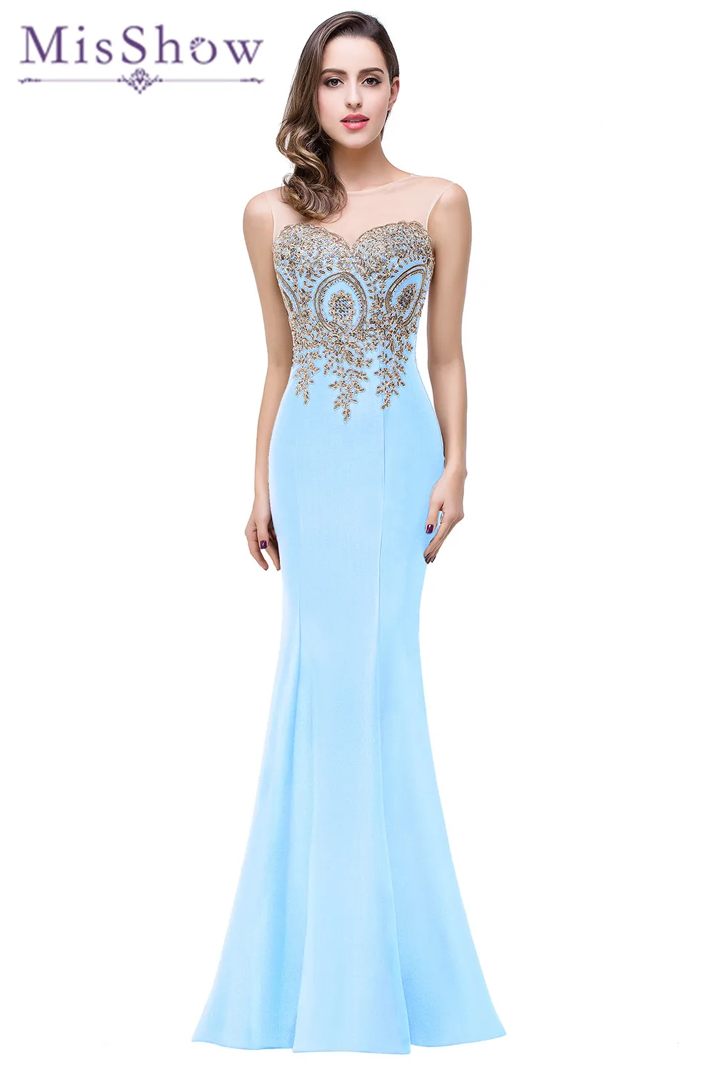 Длинное вечернее платье недорогое атласное небесно голубого цвета длинное